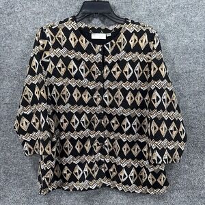 Studio Works Mens‎ Black Geometric Diamond Pattern Button Front Shirt 3/4 Sleeve